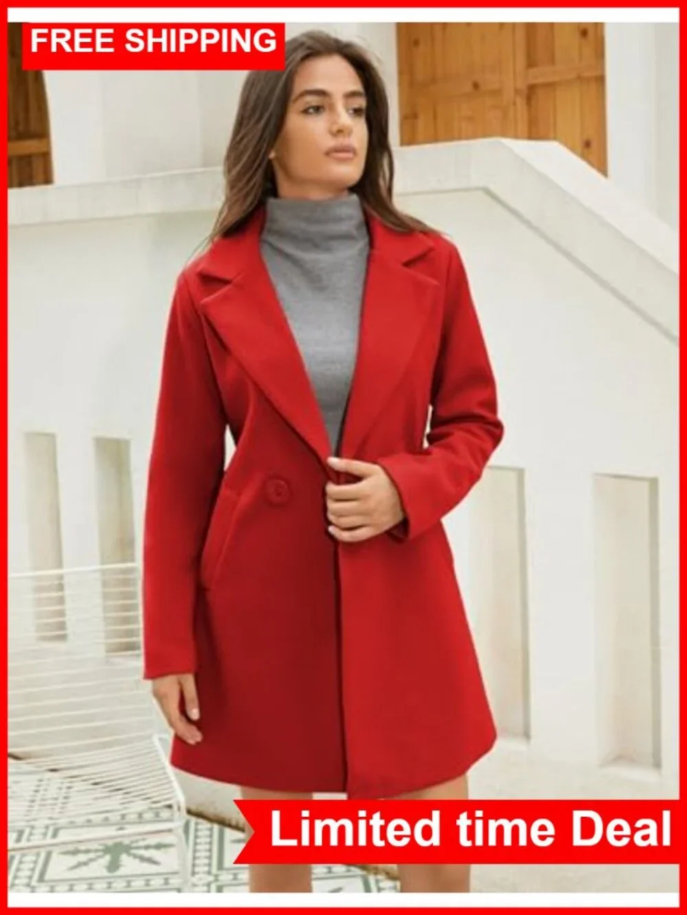Wool Blend Pea Coat Long Sleeve Button Down Slim Fit Winter Overcoat